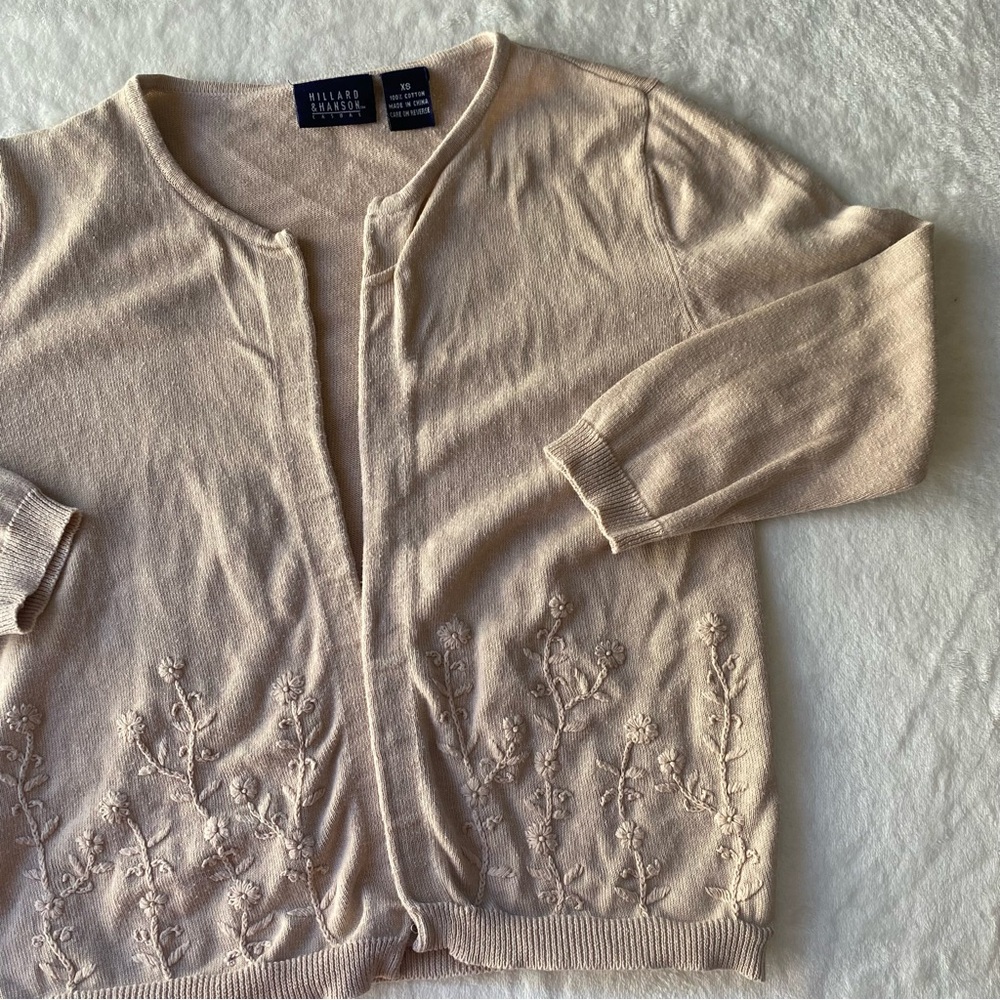 Vintage Hillard & Hanson Cardigan Floral Embroidery Quarter sleeves XS Beige